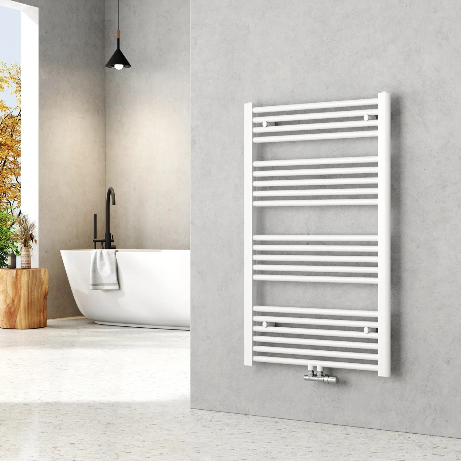 Weißer Emke Badheizkörper 100x60cm als Handtuchwärmer im modernen Badezimmer.