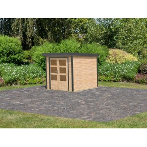 Karibu Gartenhaus Diego A, naturbelassen/anthrazit, 4,45 m². Holz-Gartenhaus mit Doppeltür und Flachdach.