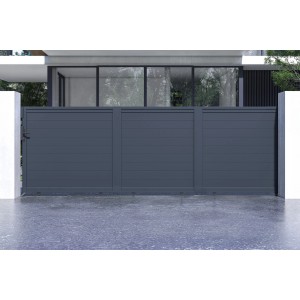 Graues Casanoov Schiebetor Eiger, 5 m breit, aus Aluminium für den Garten.