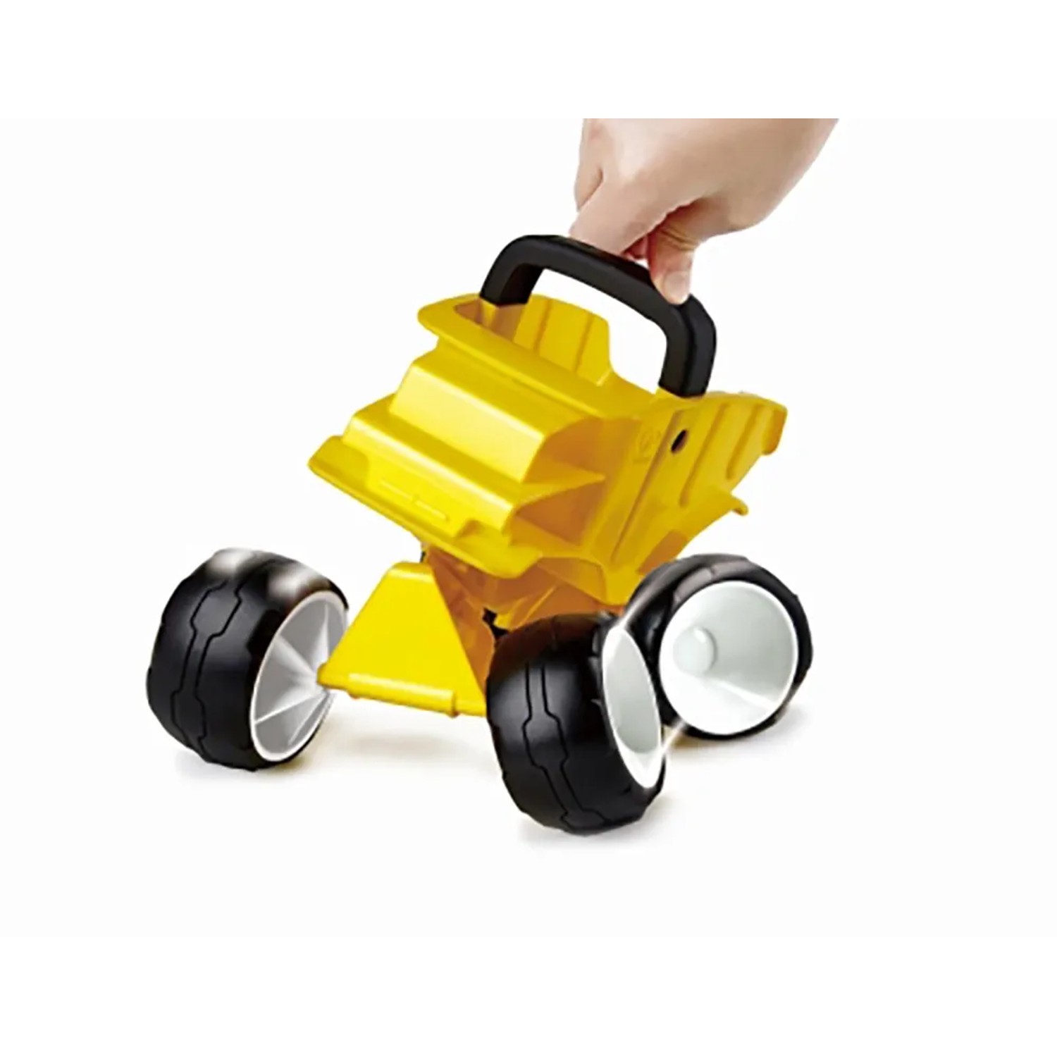 Gelber Hape Sand Kipper mit Griff, robustes Spielzeug für den Sandkasten.
