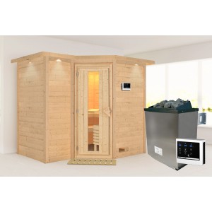 Karibu Sauna Steena 2 aus Fichte mit Ofen, externer Steuerung und LED-Dachkranz.