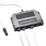 SOTECH GIULIA II LED Verteiler, schwarz, mit 6 Anschlüssen und weißen Kabeln für Unterbauleuchten.