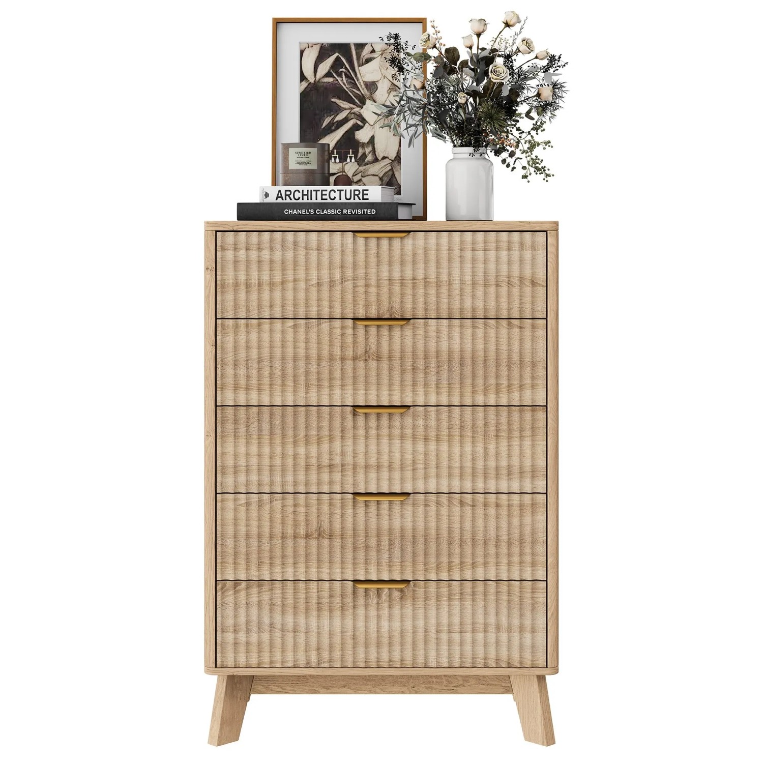 PXloue Kommode 5 Schubladen Holzoptik Metallgriffe Gold 73x40x108 cm