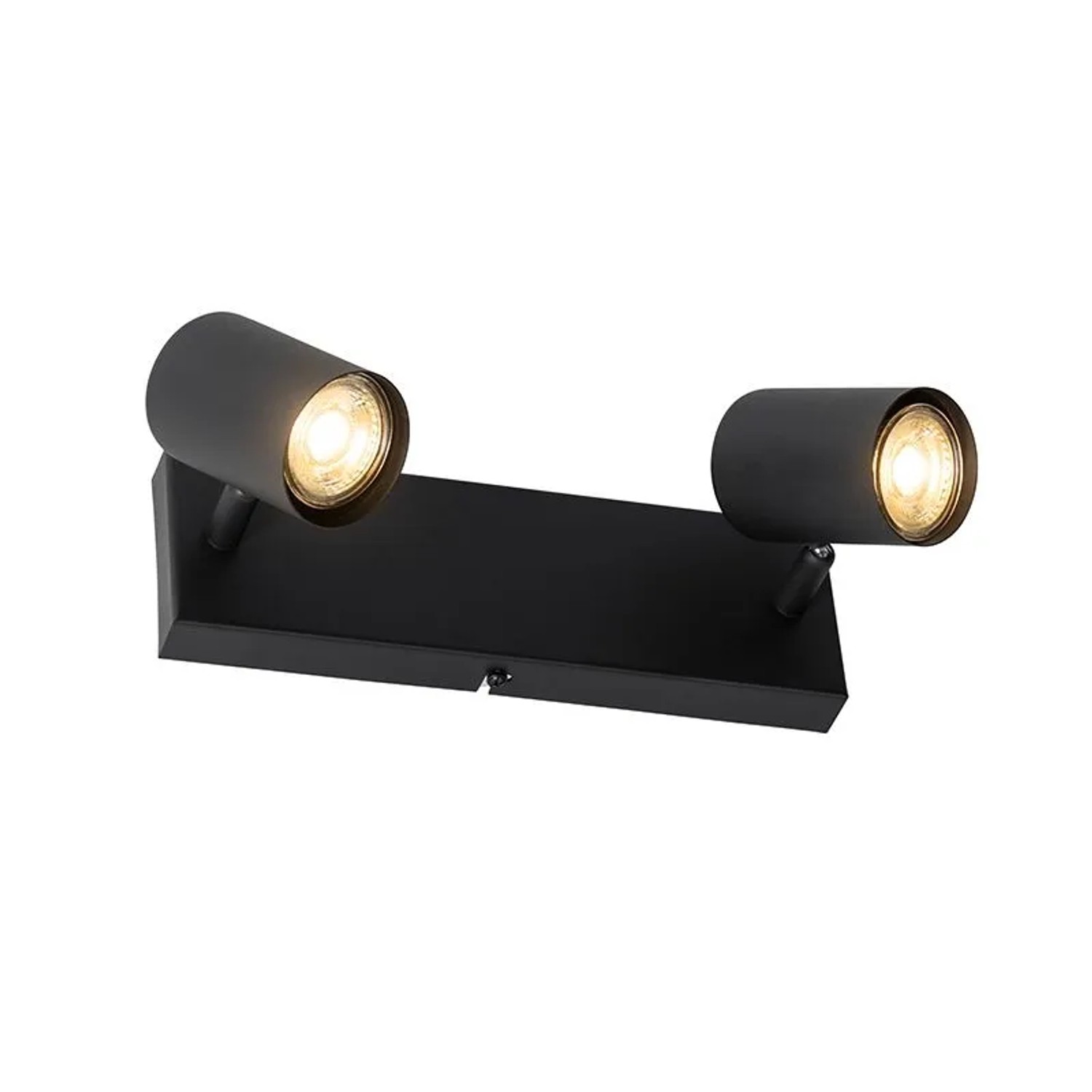 Moderne schwarze Deckenleuchte Jeana mit 2 verstellbaren Spots auf rechteckiger Basis.