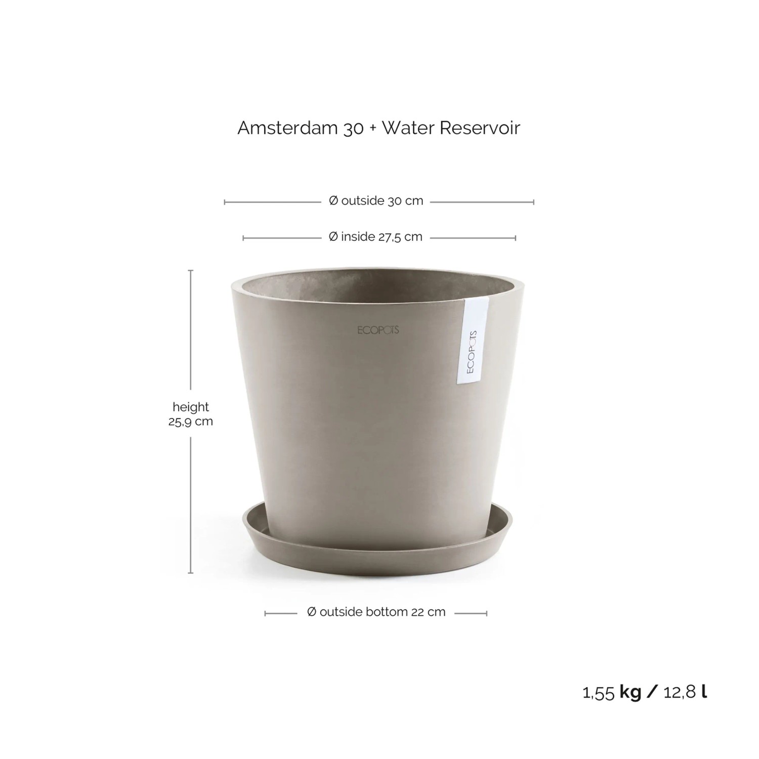 Ecopots Amsterdam Pflanztopf, 30 cm, Taupe. Runder Blumentopf mit Untersetzer und Wasserreservoir.