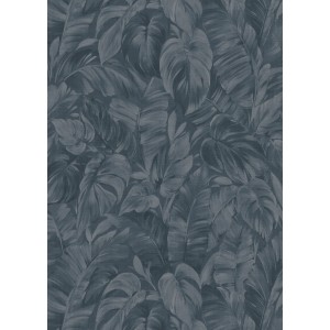 Blaue Erismann Vliestapete Deliciosa mit tropischem Blätter-Motiv.