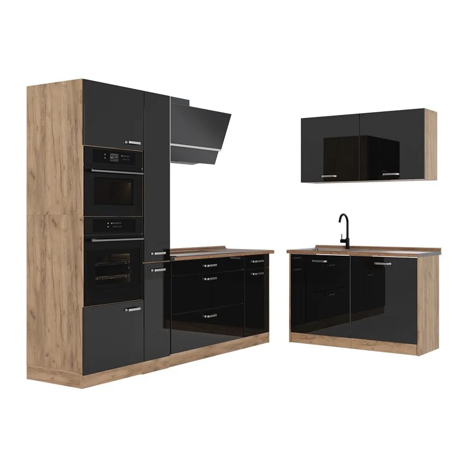 Vicco Eckküche R-Line Schwarz Hochglanz/Goldkraft Eiche 230 x 207 ohne Arbeitsplatte Art Nr 66732