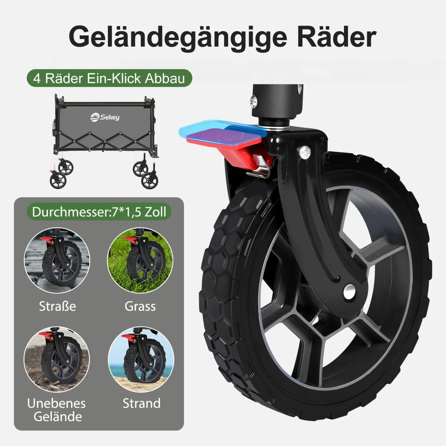 Detailaufnahme der Räder des Sekey XXL Bollerwagens, geeignet für jedes Gelände.