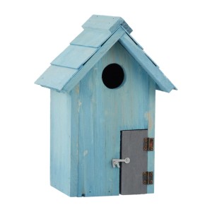 Hellblauer Nistkasten aus Holz mit Schindeldach und verschließbarer Tür für Singvögel.