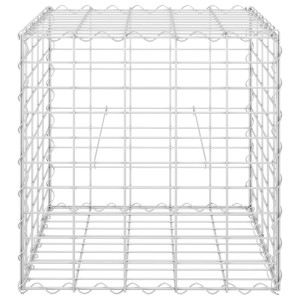 Leere, silberne Würfel-Gabione (50x50x50 cm) aus Stahldraht für Hochbeete.