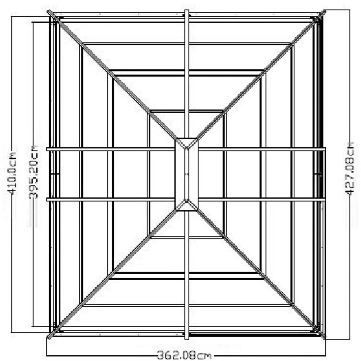 Draufsicht Sojag Aluminium Pavillon Castel 12 x 14 Bronze mit Maßangaben.