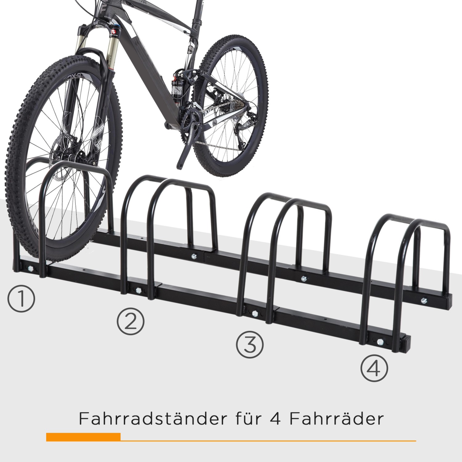 HOMCOM Fahrradständer für 4 Räder, wetterfest, Stahl, schwarz. Boden- und Wandmontage.