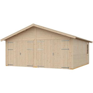 Skan Holz Holzgarage Varberg, naturbelassene Doppelgarage mit Doppeltoren und Einzeltür.