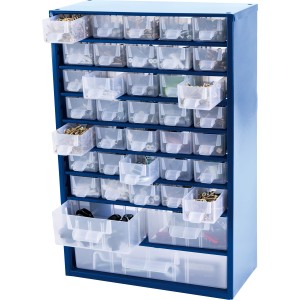 Blaues LUX Stahlmagazin mit 38 transparenten Schubladen zur Aufbewahrung von Kleinteilen.