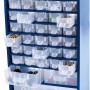 Blaues LUX Stahlmagazin mit 38 transparenten Schubladen zur Aufbewahrung von Kleinteilen.