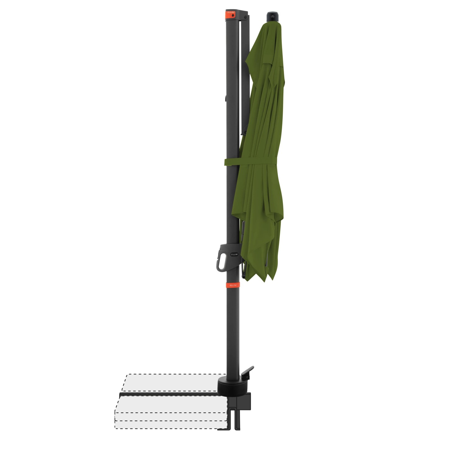 Zusammengebundener, quadratischer, kiwi-farbener Doppler Ampelschirm MyZone 210x210 cm mit Kurbel.