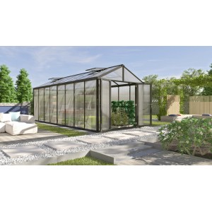 Vitavia Gewächshaus Zeus Comfort 15700, schwarzer Rahmen, 15,7 m², mit geöffneter Tür und Pflanzen.