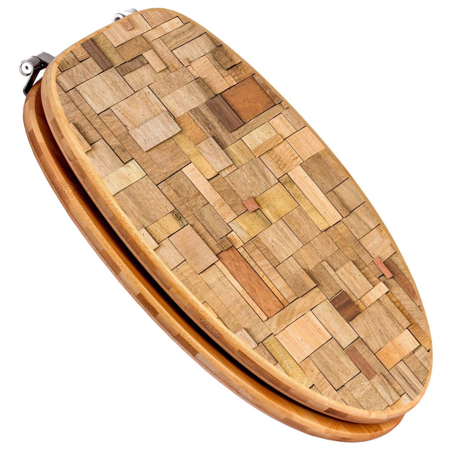 Banjado WC-Sitz aus Bambus mit Holzflickwerk-Motiv und Universal-Scharnieren.