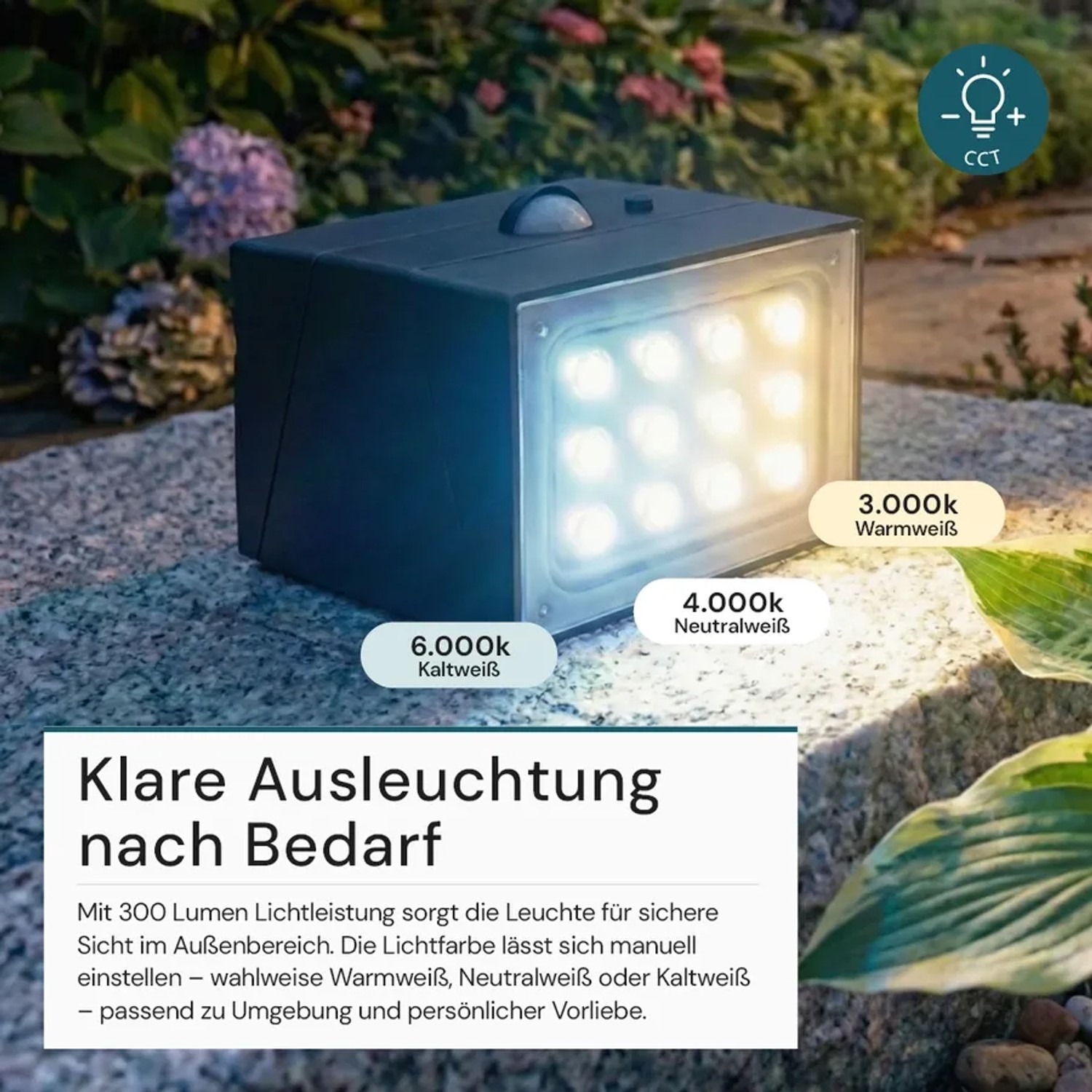 Schwarze LUXULA Solar Wandleuchte mit Bewegungsmelder und einstellbarer Farbtemperatur.