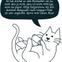 Cartoon-Katze mit Sprechblase, die Primox Katzenstreu mit Babypuderduft lobt.