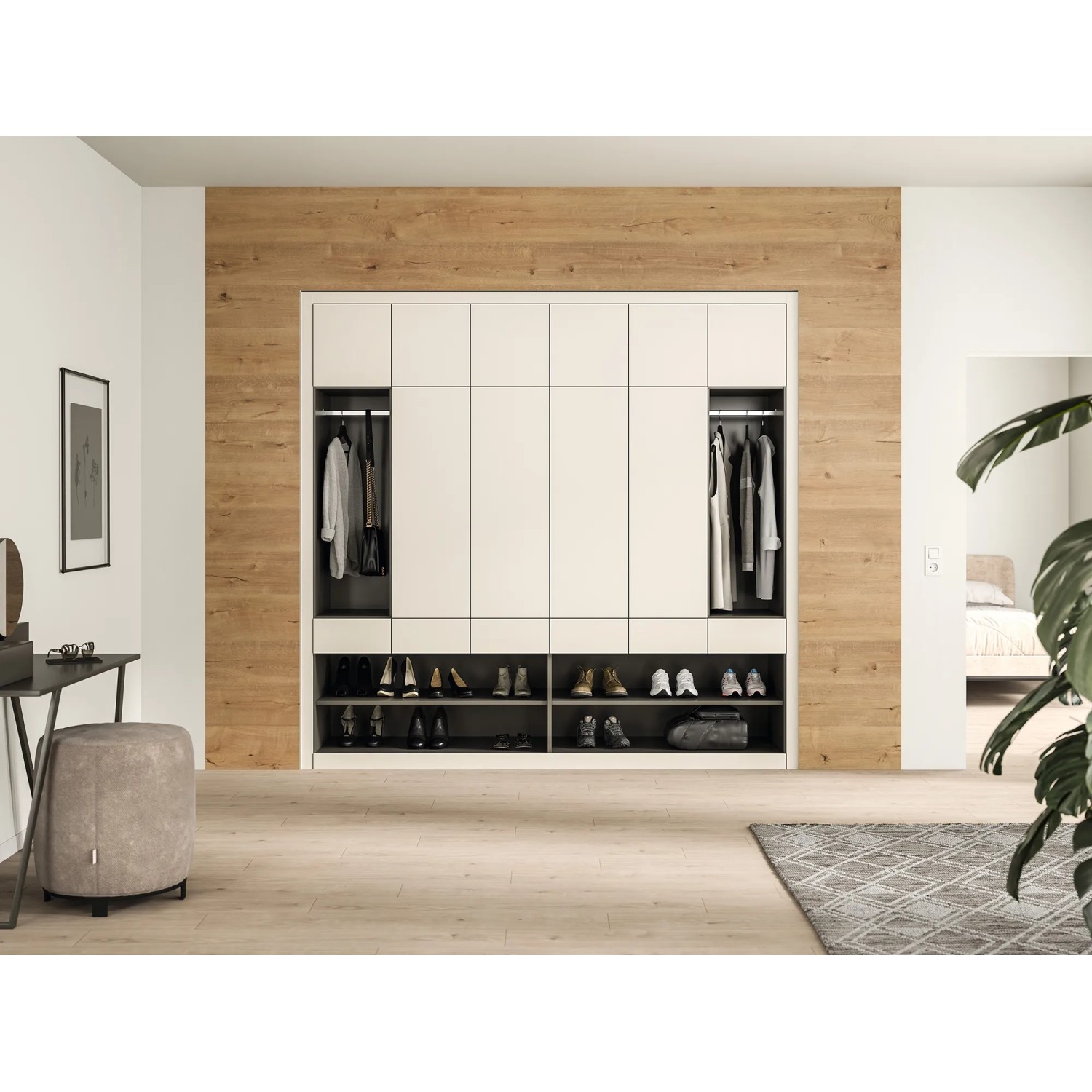 Wohnraum mit Egger Decowall DO008 Loveland Eiche als Wandverkleidung hinter einem Einbauschrank.