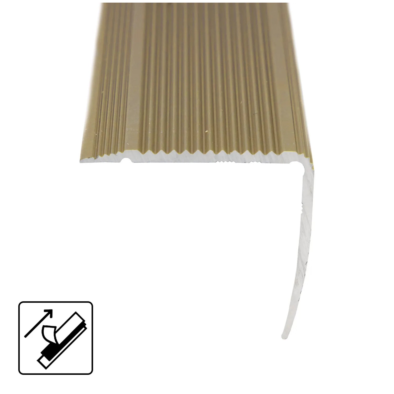 Selbstklebendes Treppenkantenprofil in Gold, L-Form, 30x35x1340 mm.