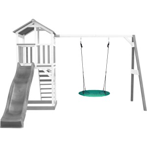 Axi Beach Tower Spielturm mit Nestschaukel und grauer Rutsche. Spielanlage aus Holz in Grau/Weiß.