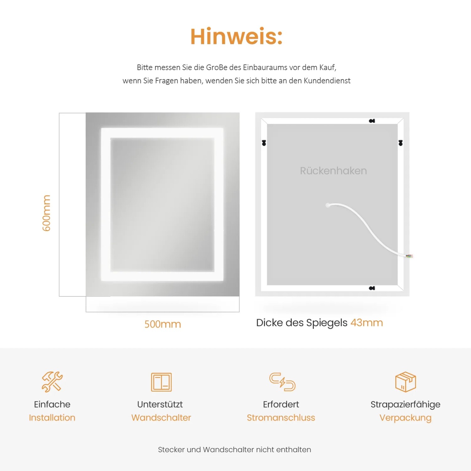 Emke Badspiegel 50x60 cm mit LED-Beleuchtung, Kaltweiß/Warmweiß, Front- und Rückansicht.