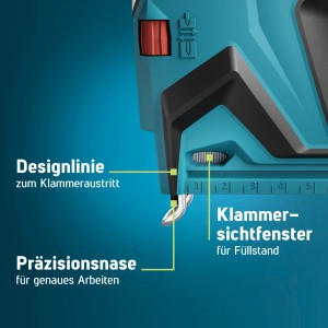 Detailaufnahme Novus Akkutacker J-551: Präzisionsnase, Klammersichtfenster und Designlinie für exaktes Tackern.