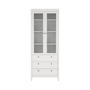 Weißer Vitrinenschrank Madrid mit 2 Glastüren und 3 Schubladen.