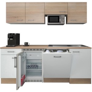 Flex-Well Classic Büroküche Florida, 210 cm, Weiß und Sonoma Eiche mit E-Geräten.