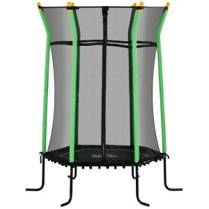 Grünes HOMCOM Kinder Trampolin mit schwarzem Sicherheitsnetz, gepolsterten Stangen und Stahlrahmen.