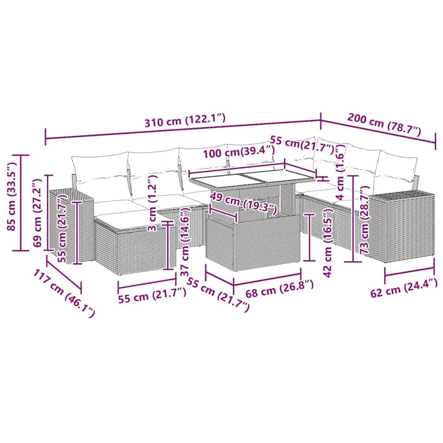 Graue 9-tlg. vidaXL Garten-Sofagarnitur aus Polyrattan mit Kissen, Maße siehe Zeichnung.