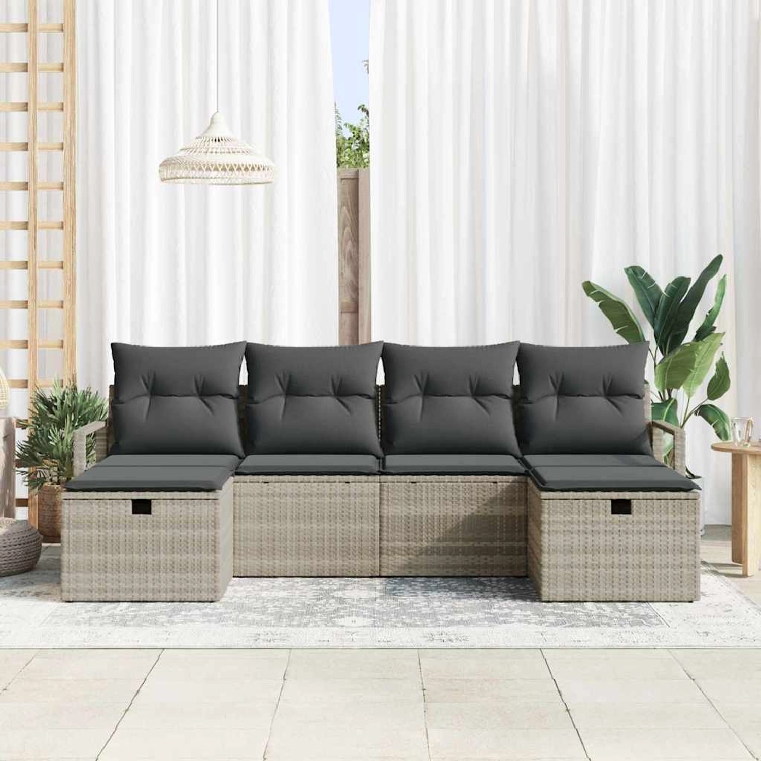Hellgraues 6-tlg. Garten-Sofa-Set aus Poly Rattan mit Kissen.