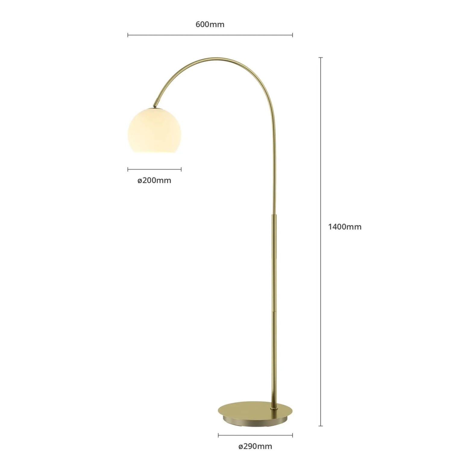Moderne Bogenlampe Cynthia in Gold/Messing mit Glasschirm, 140 cm hoch.