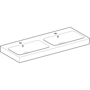 Geberit iCon Doppelwaschbecken, 120 cm, Weiß mit KeraTect Beschichtung und zwei Hahnlöchern.