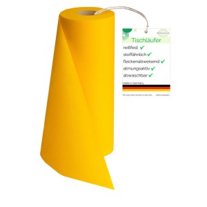 Gelber Sensalux Vlies-Tischläufer (30cm x 25m) auf Rolle. Tischdeko für Feiern und Gastronomie.