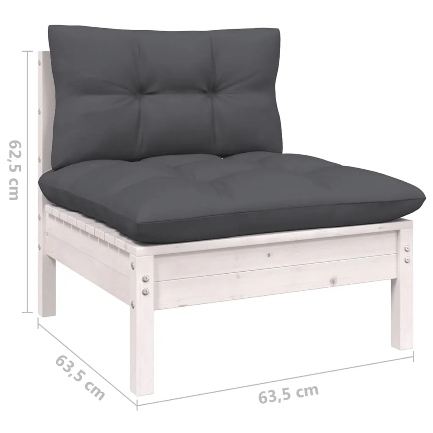 Weißes Gartenmöbel Lounge-Eckelement mit anthrazitfarbenen Kissen aus Kiefernholz.
