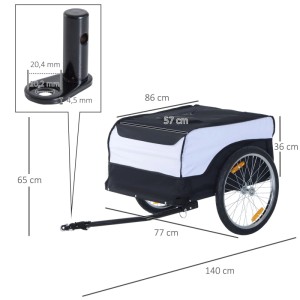 HOMCOM Fahrradanhänger weiß-schwarz, Stahlrahmen, Oxford-Stoff. Maße und Anhängerkupplung sichtbar. Max. 40 kg.
