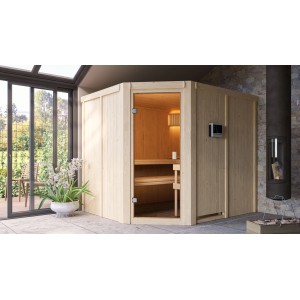 Karibu Massivholzsauna Horna mit bronzierter Glastür und 9 kW Ofen.