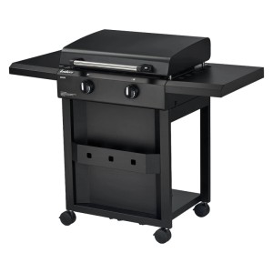 Schwarzer Enders Plancha-Grill Amaro 2 mit Haube und Ablagetischen. Gasgrill mit Edelstahl-Plancha.