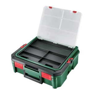 Offene Bosch Zubehörbox für Akkuschrauber, grün-schwarz mit transparentem Deckel und Fächern.