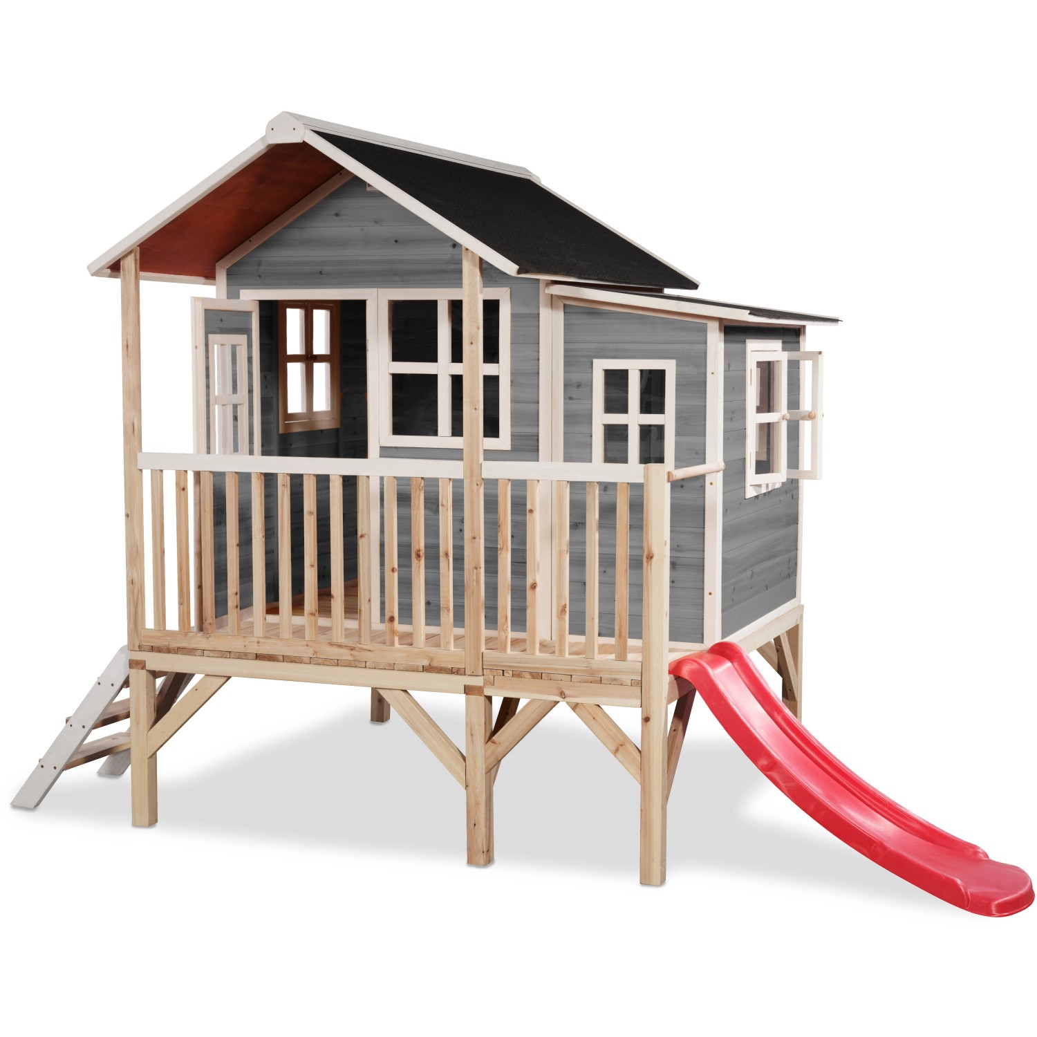 Graues EXIT Loft 350 Holzspielhaus mit Rutsche, Leiter und wasserdichtem Dach.