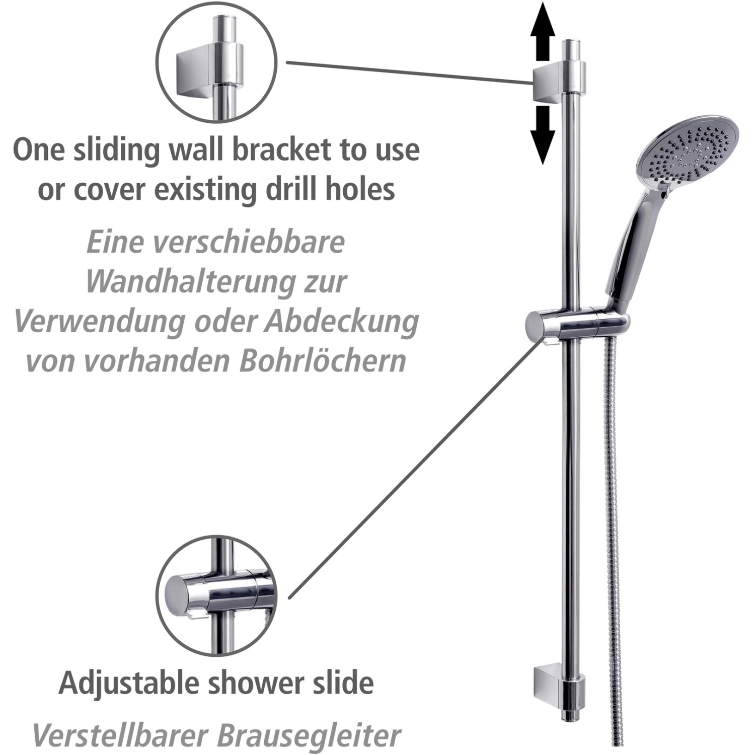 Wenko Brauseset Young Chrom: Duschstange mit Handbrause und Schlauch in Silber.