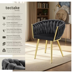 2er Set Tectake Esszimmerstühle Astano, schwarz mit goldenen Beinen und Samtbezug.