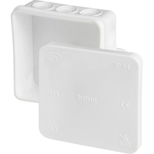 Weißer Abzweigkasten 85x85mm mit offenem Deckel und 5 Anschlussmöglichkeiten.