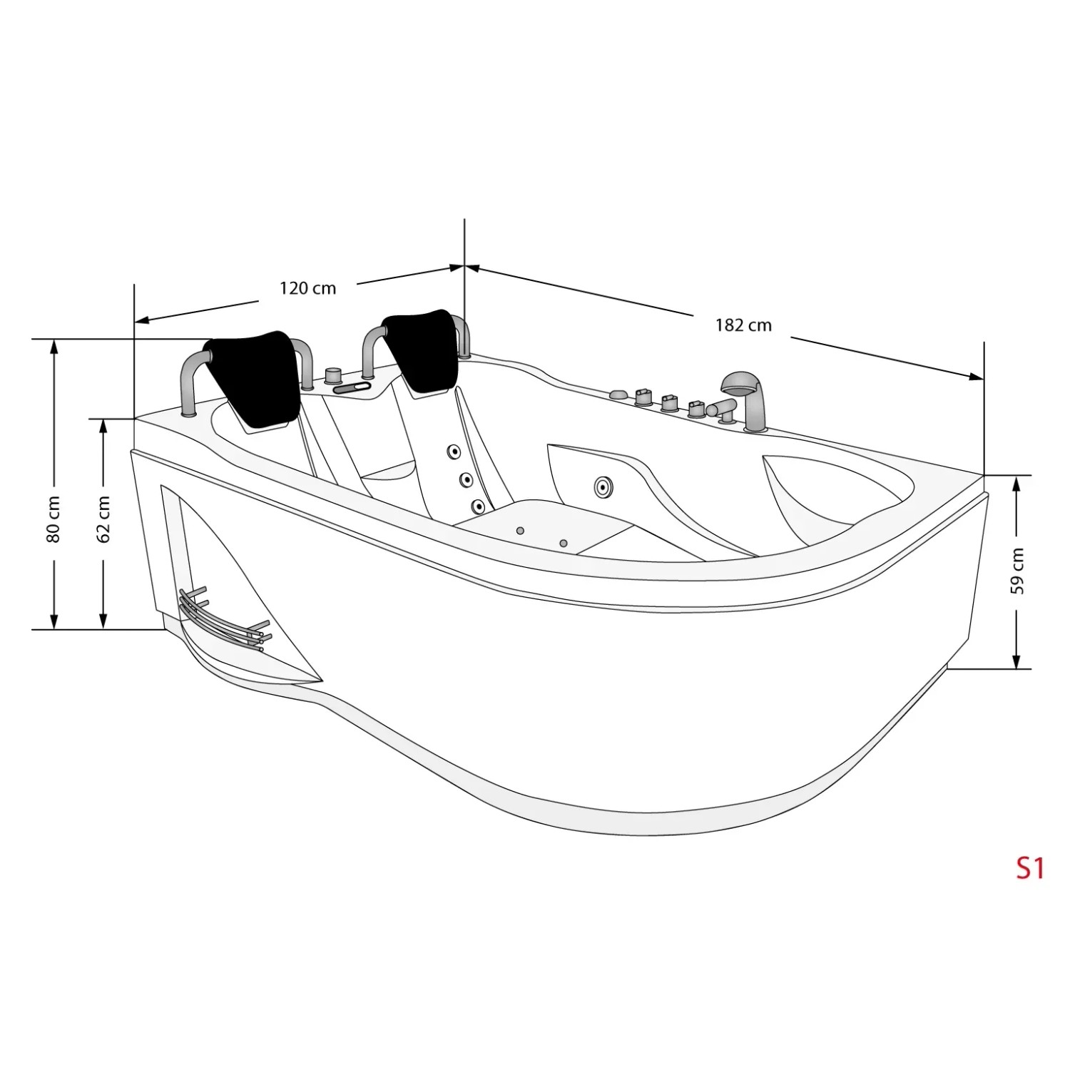 Skizze einer AcquaVapore Eck-Badewanne W23H-R, 120x182 cm, mit Armaturen und Nackenkissen.