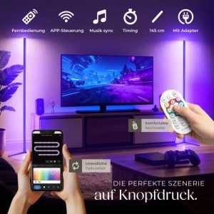 Schwarze Tectake LED Stehlampe Spectra mit Farbwechsel, gesteuert per App und Fernbedienung.