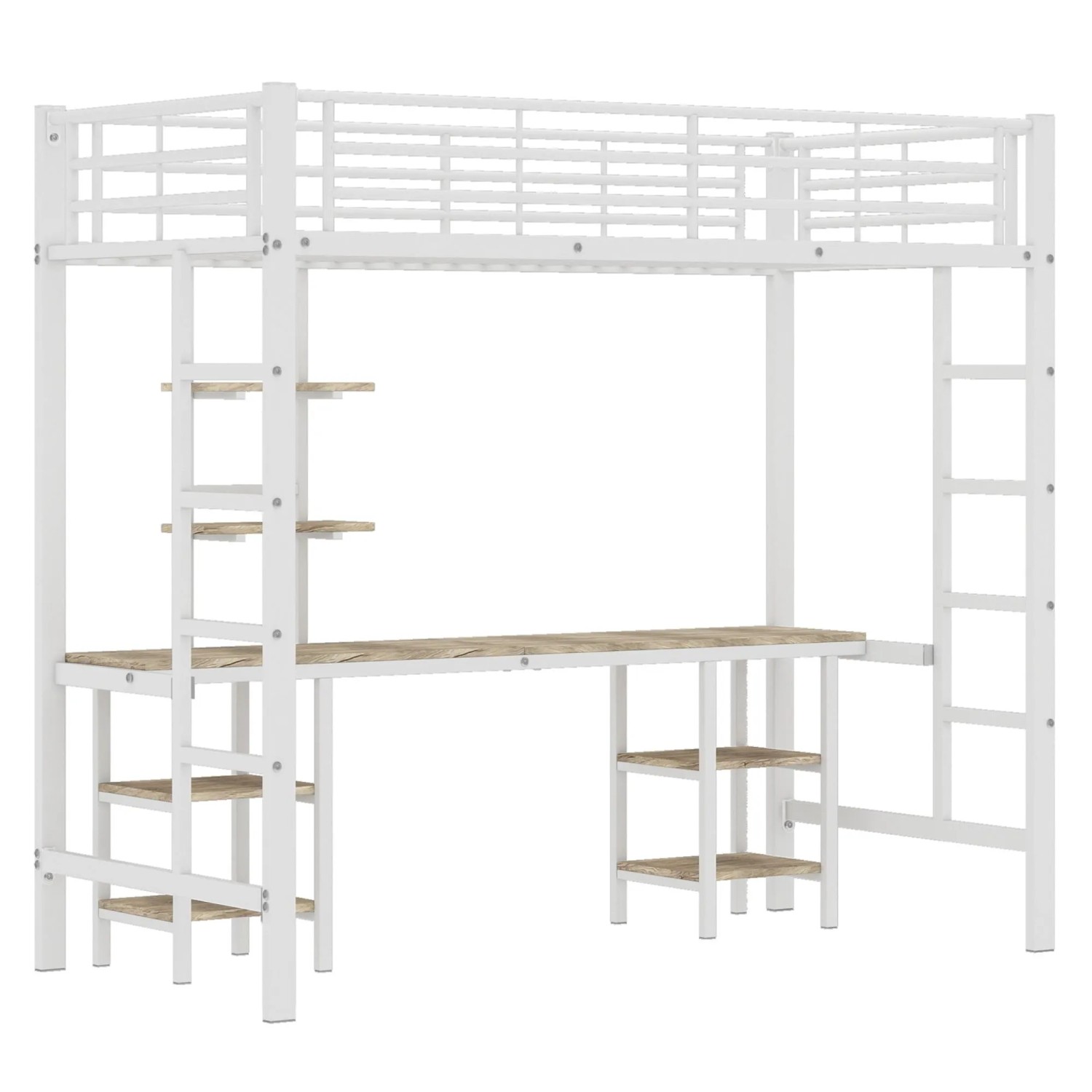 KOMHTOM Etagenbett 90x200Cm Mit Tisch Und Regalen Kinderbett Mit Seitenleiter Fallschutzgitter Eisen+Mdf Weiß Ohne Matratze