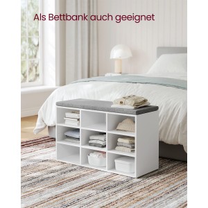 Vasagle Schuhbank mit Sitzfläche, weiß-grau, mit 9 Fächern als Bettbank im Schlafzimmer.